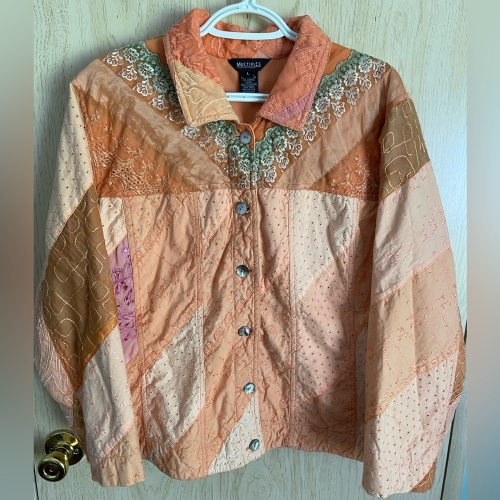🖤 Multiples Patchwork Jacket Button Front Pumpkin Spice Fall Boho Sz Large